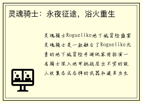 灵魂骑士：永夜征途，浴火重生
