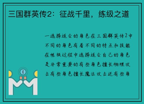 三国群英传2：征战千里，练级之道